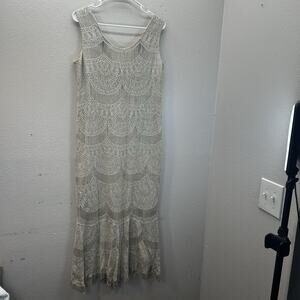 Vintage Damianou Gold Sparkle Knit Crochet Fairy Metallic Ornate Gown Dress MIDI